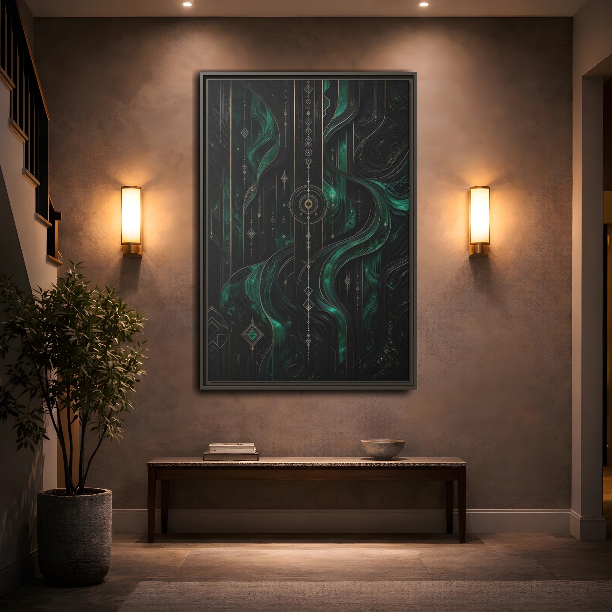 Mockup 2. Abstract Geometric Flow Emerald Gold Abstract shown as stretched canvas wall art