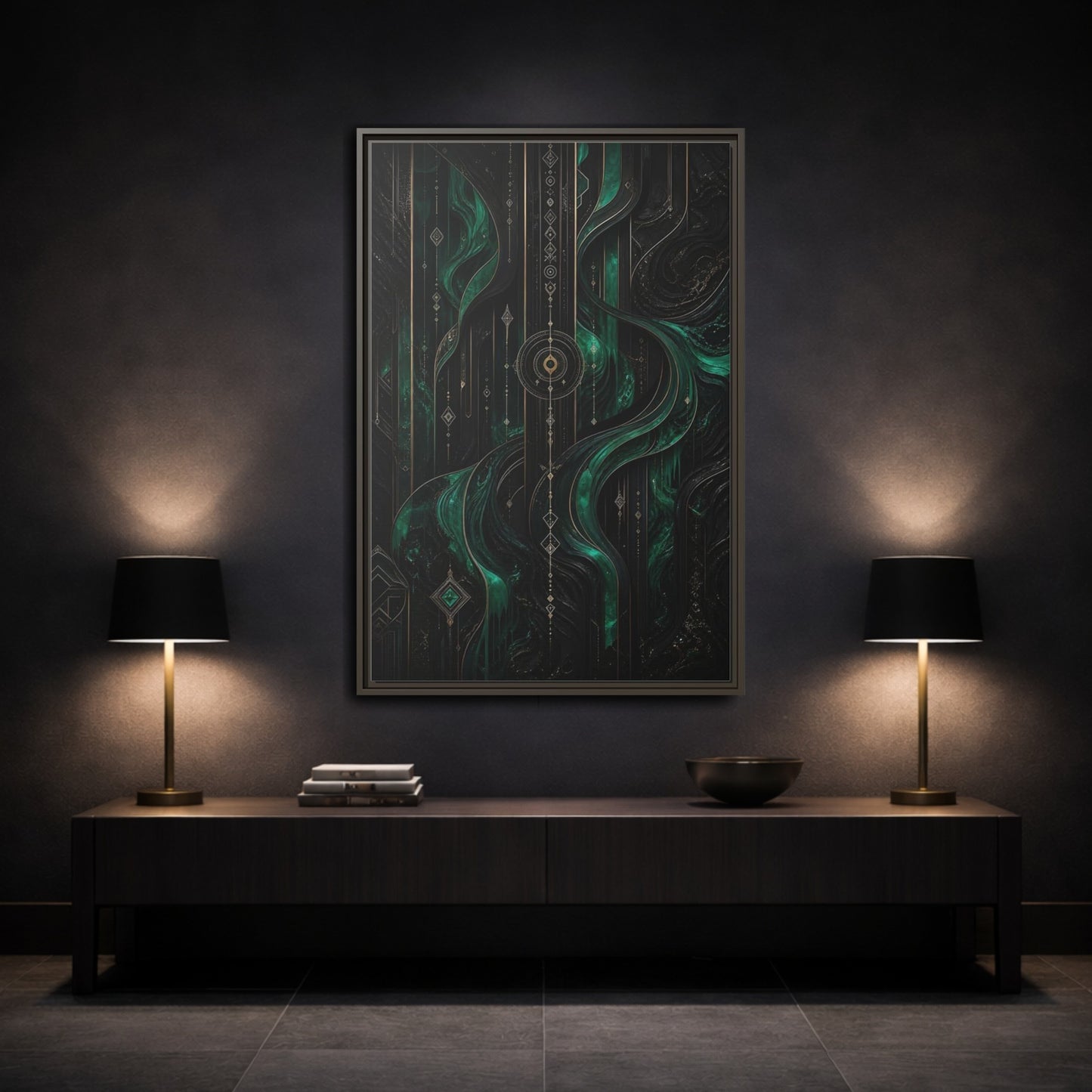Mockup 3. Abstract Geometric Flow Emerald Gold Abstract shown as stretched canvas wall art