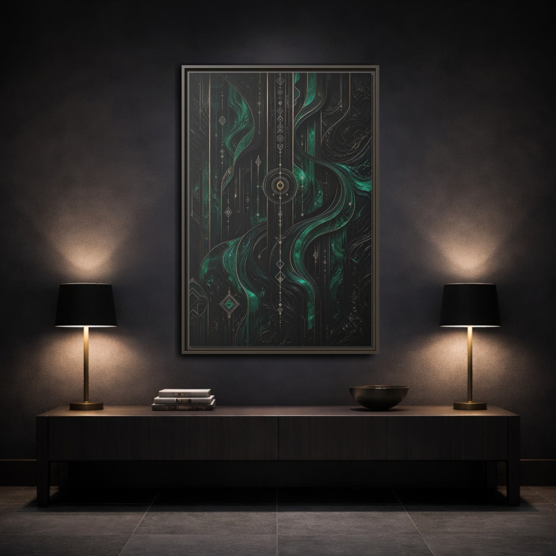 Mockup 3. Abstract Geometric Flow Emerald Gold Abstract shown as stretched canvas wall art