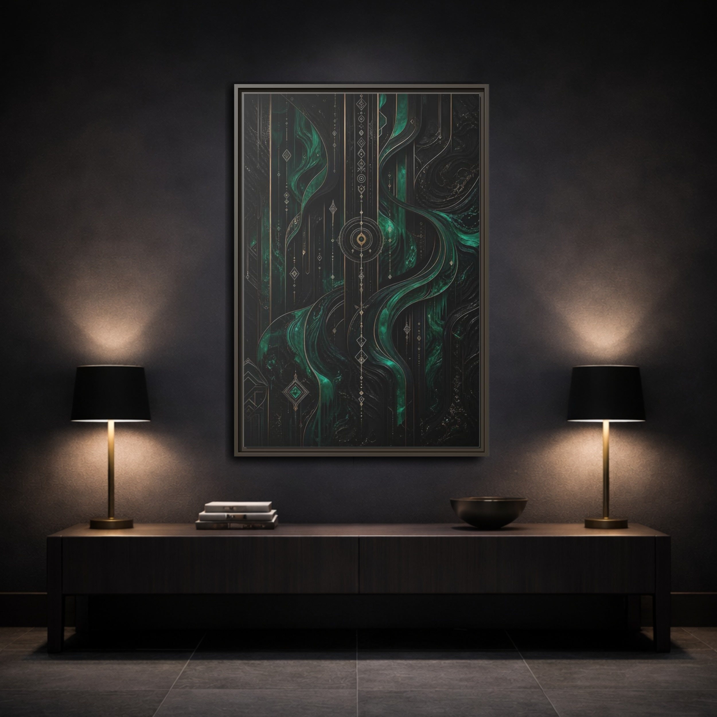 Mockup 3. Abstract Geometric Flow Emerald Gold Abstract shown as stretched canvas wall art
