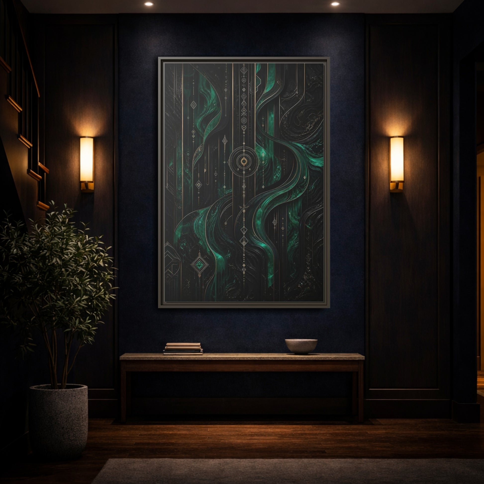 Mockup 4. Abstract Geometric Flow Emerald Gold Abstract shown as stretched canvas wall art