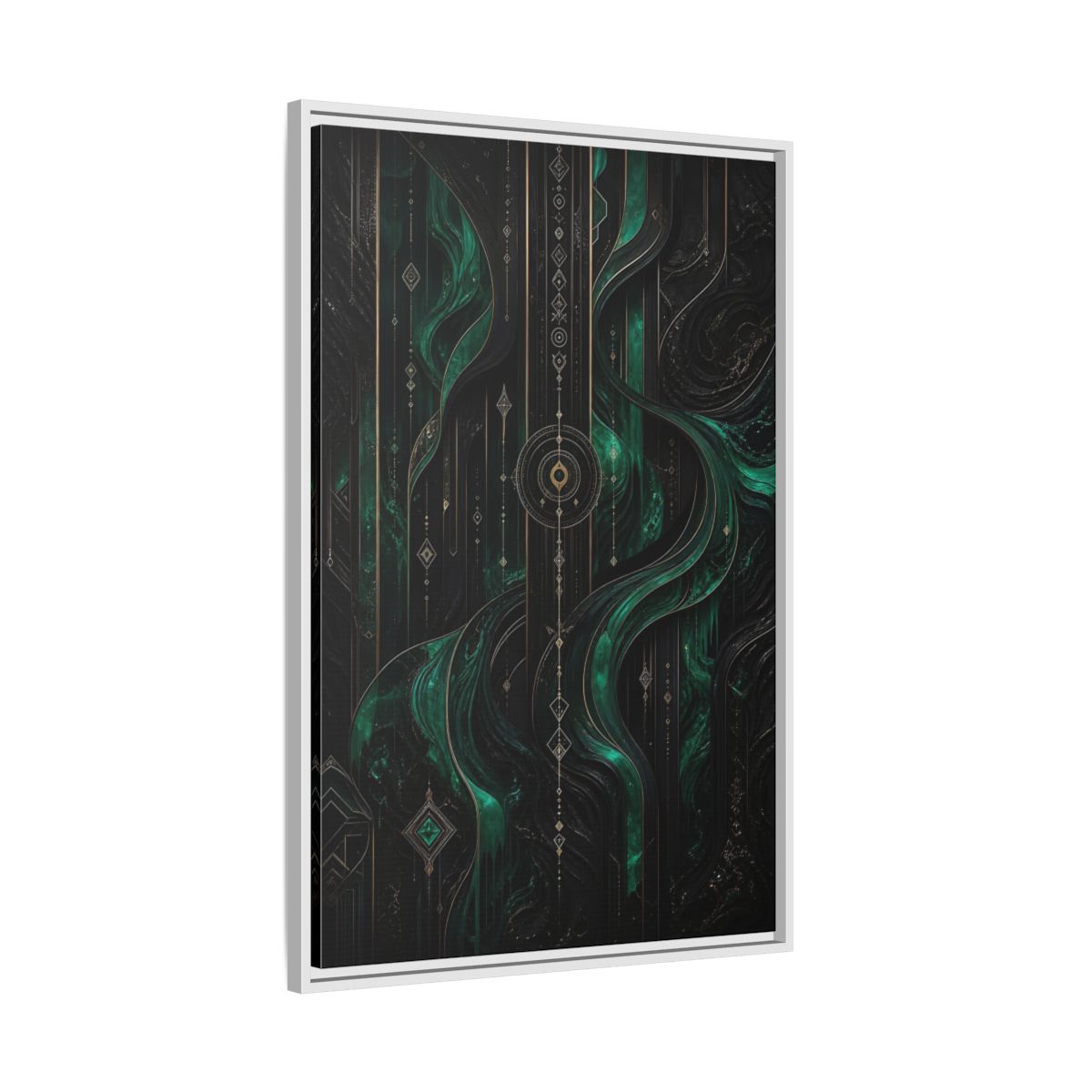 Side Mockup 9. Abstract Geometric Flow Emerald Gold Abstract shown as stretched canvas wall art