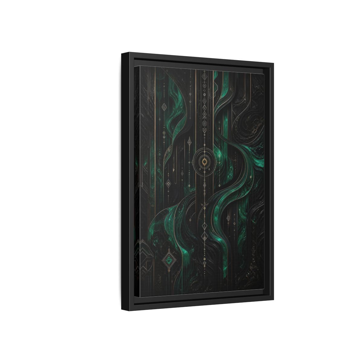 Side Mockup 6. Abstract Geometric Flow Emerald Gold Abstract shown as stretched canvas wall art
