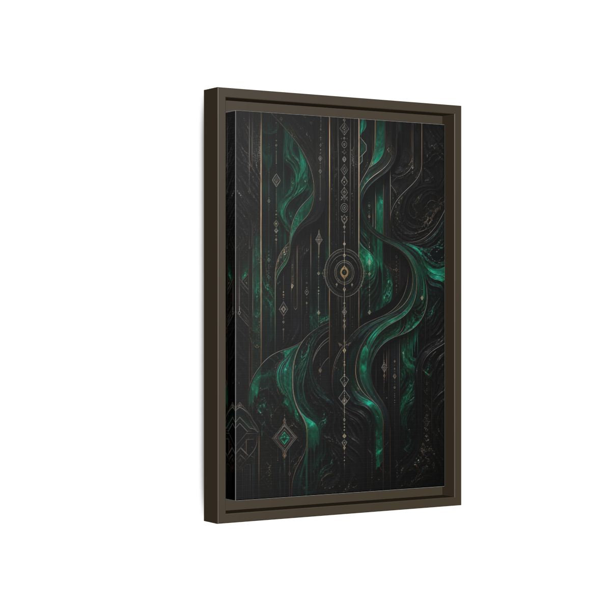 Side Mockup 5. Abstract Geometric Flow Emerald Gold Abstract shown as stretched canvas wall art
