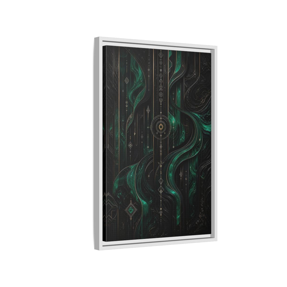 Side Mockup 1. Abstract Geometric Flow Emerald Gold Abstract shown as stretched canvas wall art