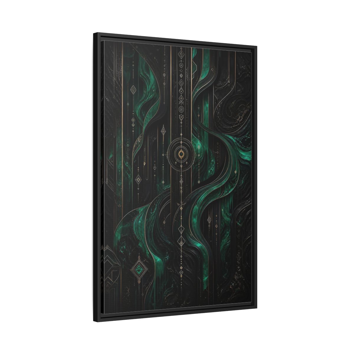 Side Mockup 13. Abstract Geometric Flow Emerald Gold Abstract shown as stretched canvas wall art