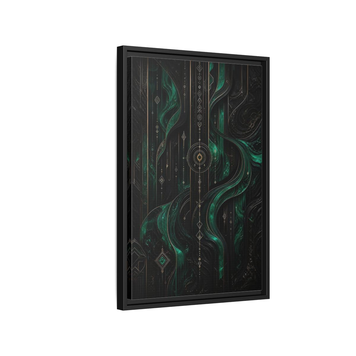 Side Mockup 3. Abstract Geometric Flow Emerald Gold Abstract shown as stretched canvas wall art