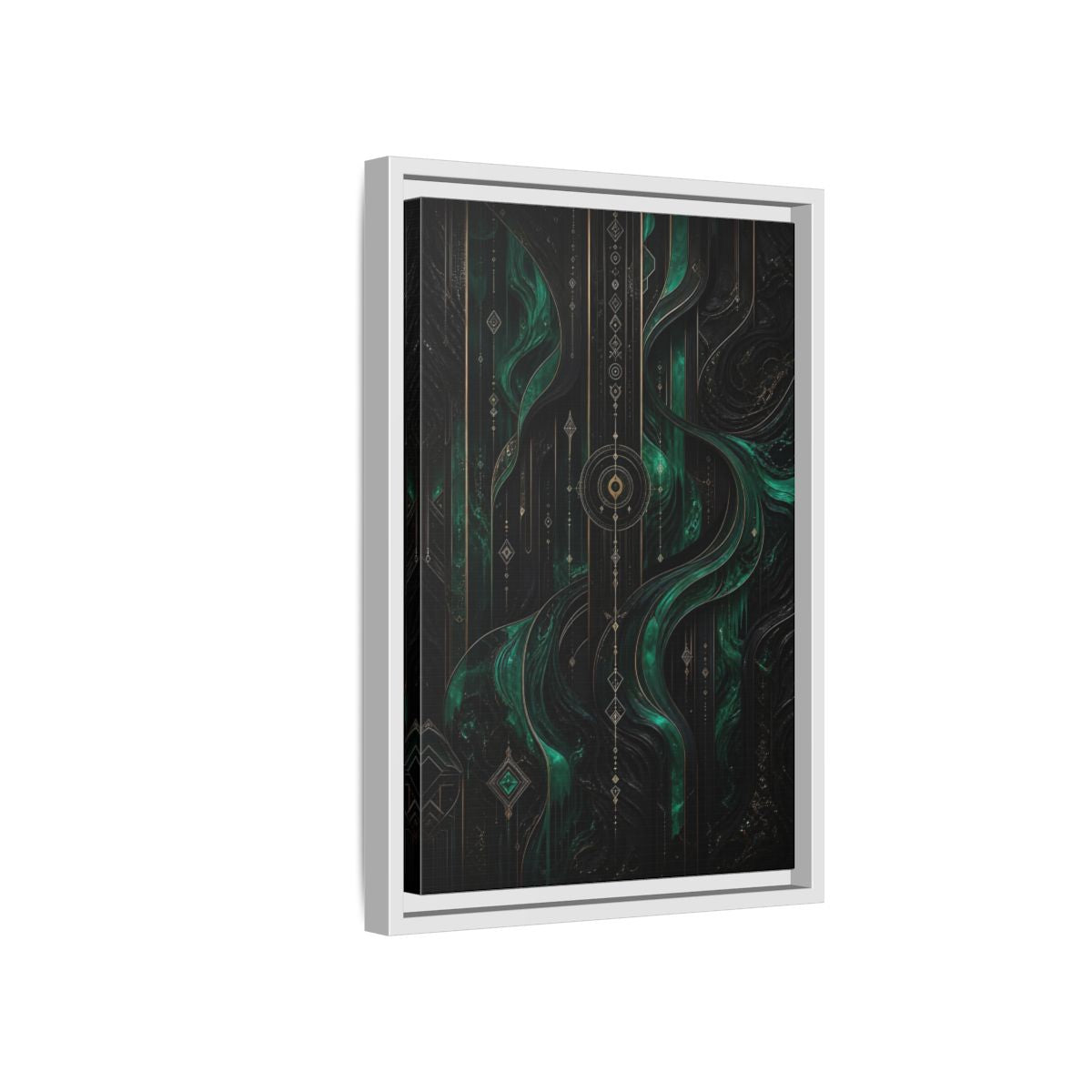 Side Mockup 4. Abstract Geometric Flow Emerald Gold Abstract shown as stretched canvas wall art