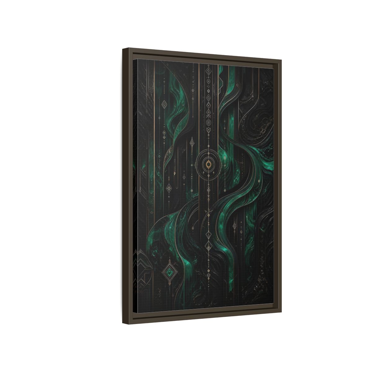 Side Mockup 2. Abstract Geometric Flow Emerald Gold Abstract shown as stretched canvas wall art