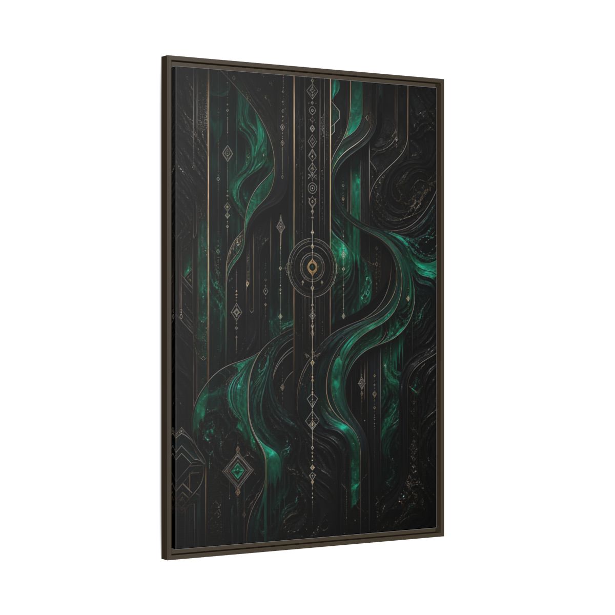 Side Mockup 8. Abstract Geometric Flow Emerald Gold Abstract shown as stretched canvas wall art
