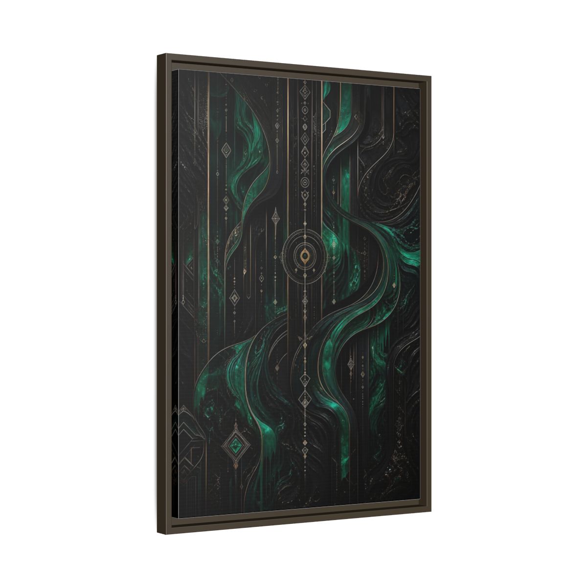 Side Mockup 11. Abstract Geometric Flow Emerald Gold Abstract shown as stretched canvas wall art