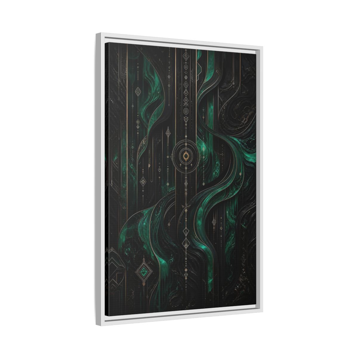 Side Mockup 10. Abstract Geometric Flow Emerald Gold Abstract shown as stretched canvas wall art