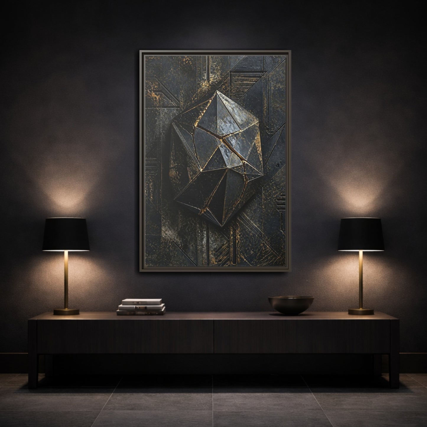 Mockup 3. Abstract Geometric Form Black And Gold Abstract shown as stretched canvas wall art