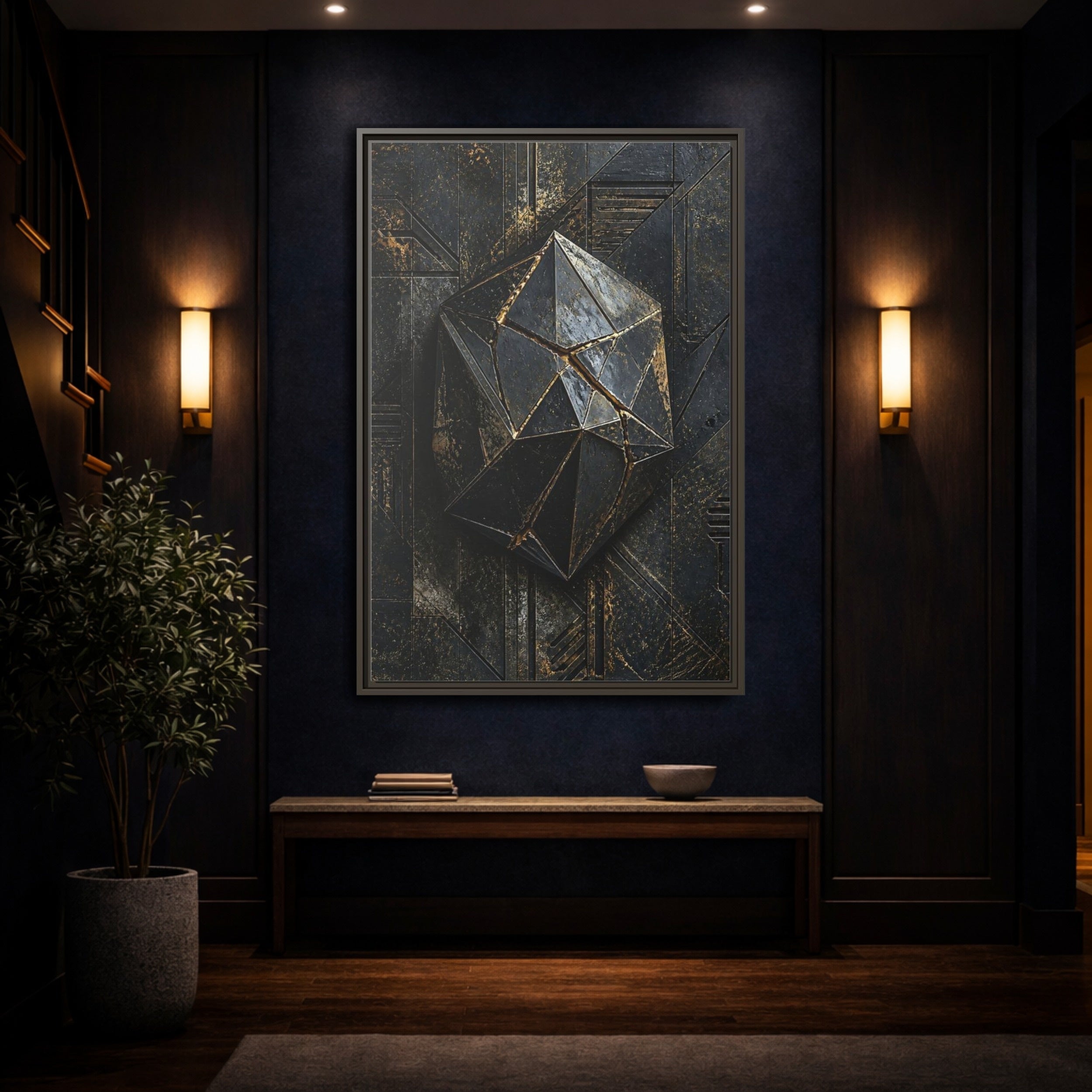 Mockup 4. Abstract Geometric Form Black And Gold Abstract shown as stretched canvas wall art