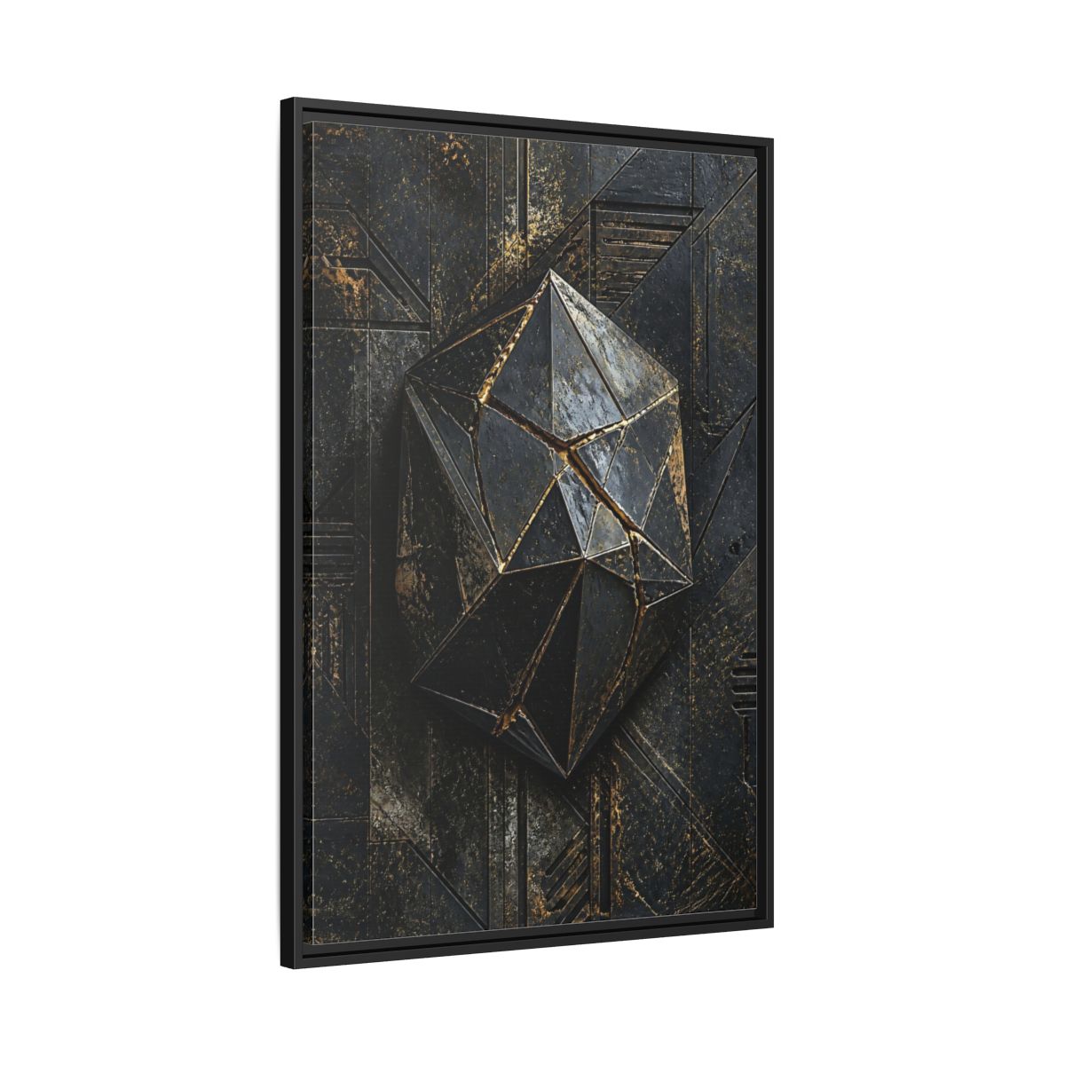Side Mockup 13. Abstract Geometric Form Black And Gold Abstract shown as stretched canvas wall art
