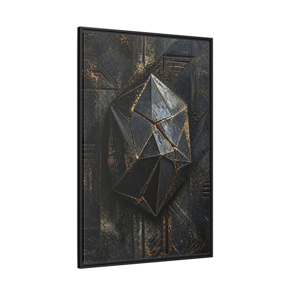 Side Mockup 12. Abstract Geometric Form Black And Gold Abstract shown as stretched canvas wall art