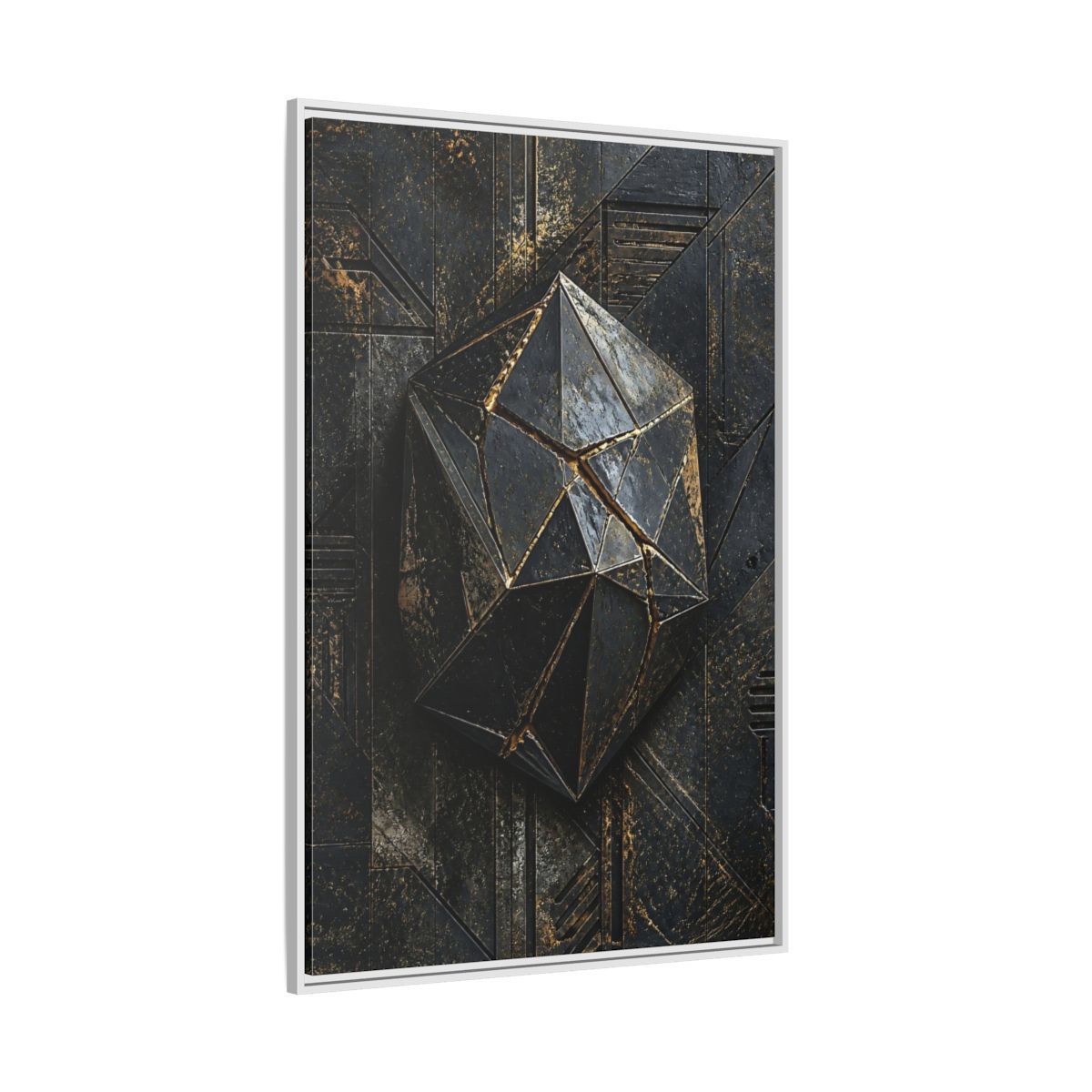 Side Mockup 7. Abstract Geometric Form Black And Gold Abstract shown as stretched canvas wall art
