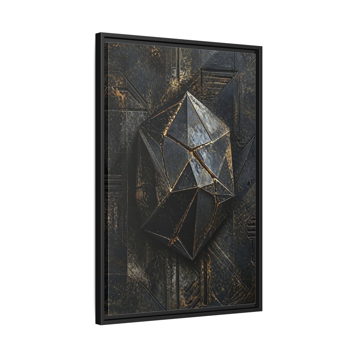 Side Mockup 14. Abstract Geometric Form Black And Gold Abstract shown as stretched canvas wall art