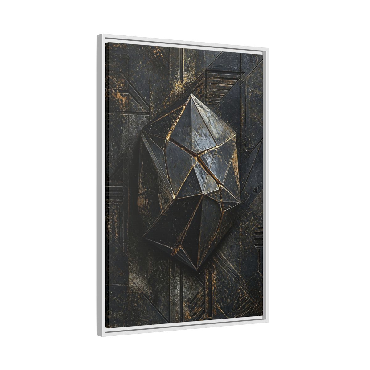 Side Mockup 9. Abstract Geometric Form Black And Gold Abstract shown as stretched canvas wall art