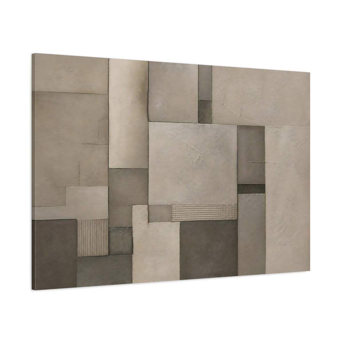 Side Mockup 1. Abstract Geometric Forms Brown And Grey shown as stretched canvas wall art