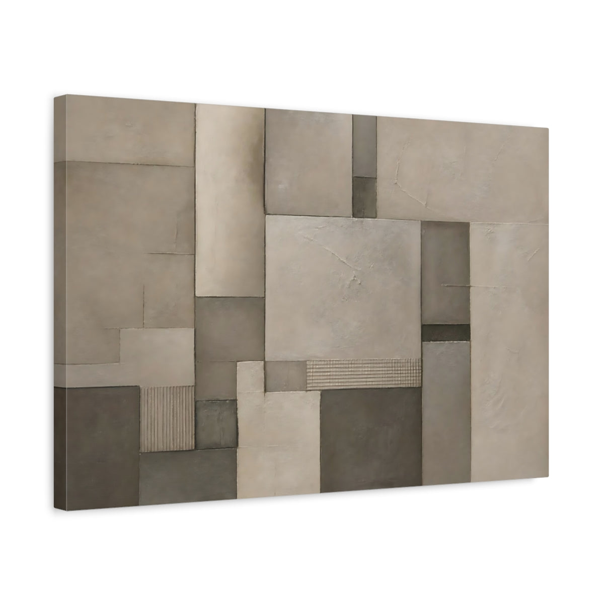 Side Mockup 3. Abstract Geometric Forms Brown And Grey shown as stretched canvas wall art