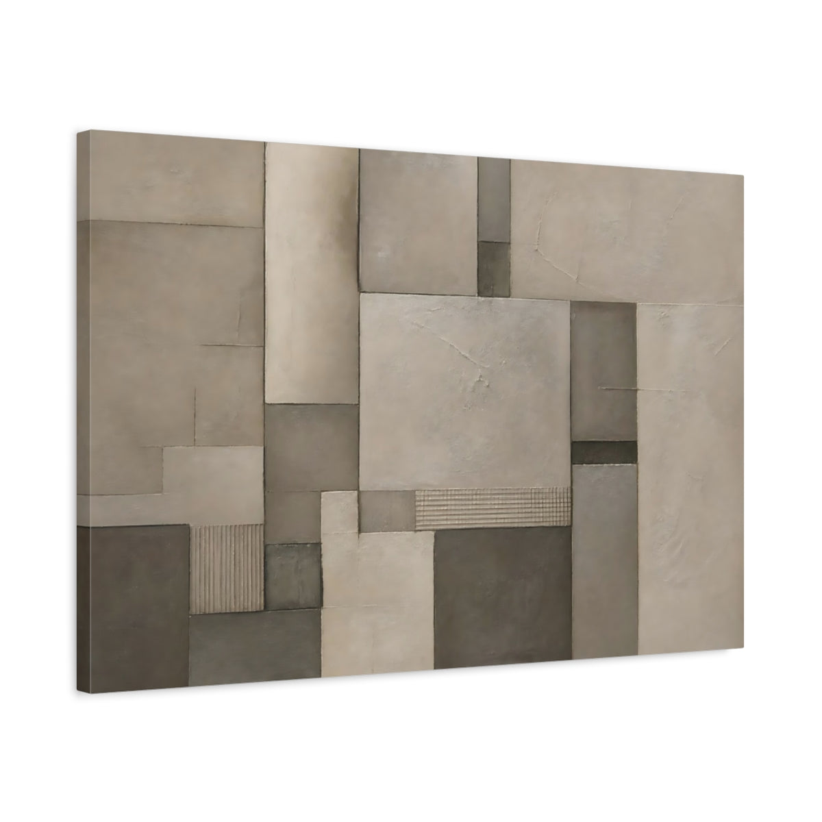 Side Mockup 2. Abstract Geometric Forms Brown And Grey shown as stretched canvas wall art