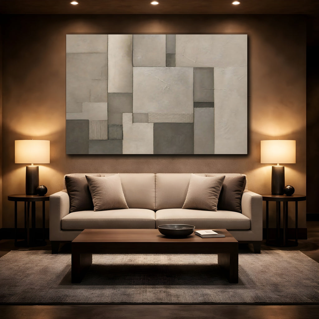Mockup 2. Abstract Geometric Forms Brown And Grey shown as stretched canvas wall art