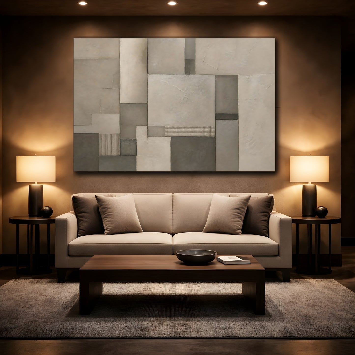 Mockup 2. Abstract Geometric Forms Brown And Grey shown as stretched canvas wall art