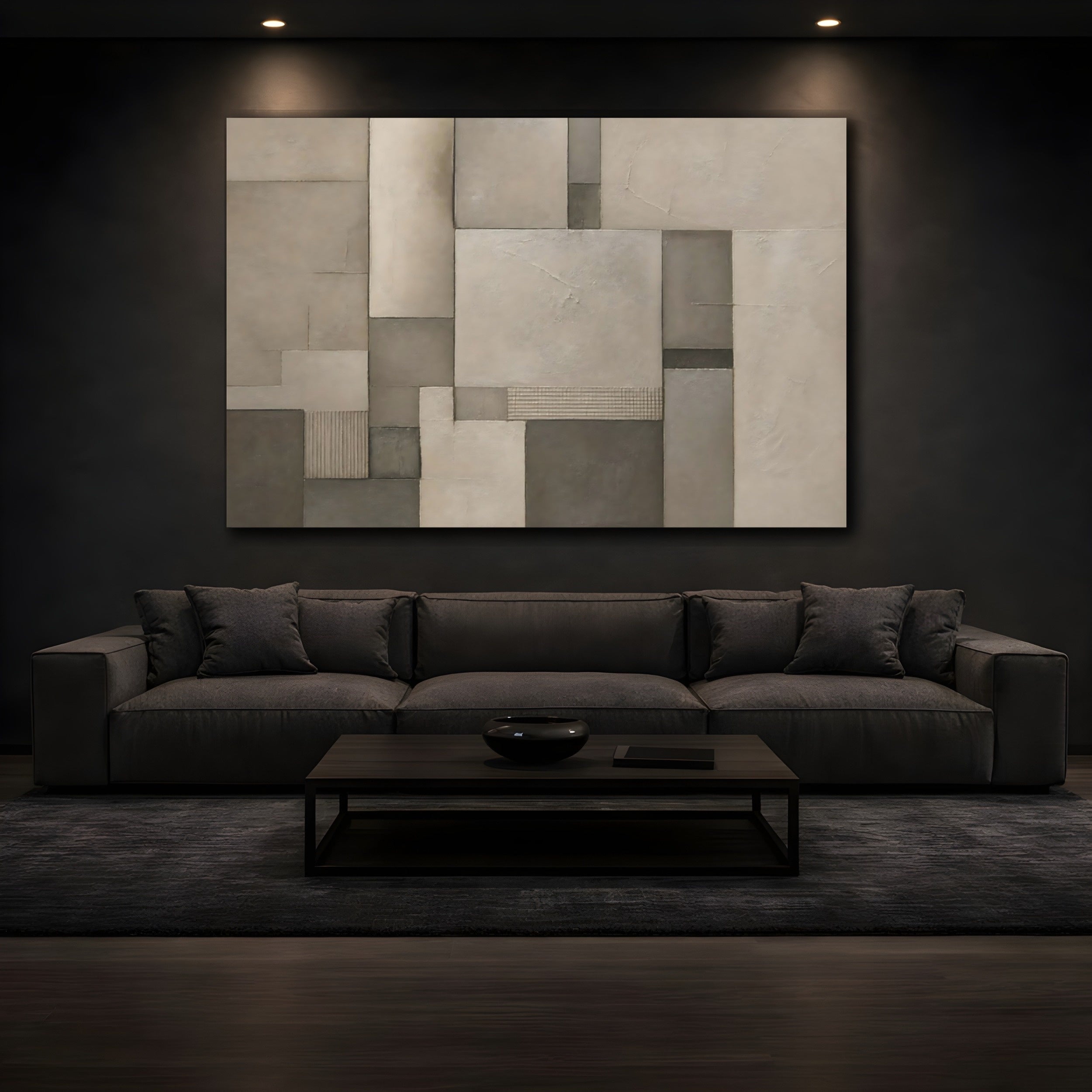 Mockup 3. Abstract Geometric Forms Brown And Grey shown as stretched canvas wall art