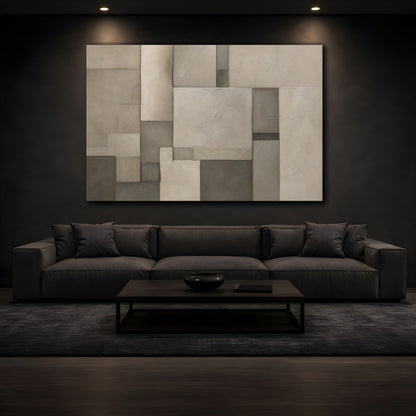 Mockup 3. Abstract Geometric Forms Brown And Grey shown as stretched canvas wall art