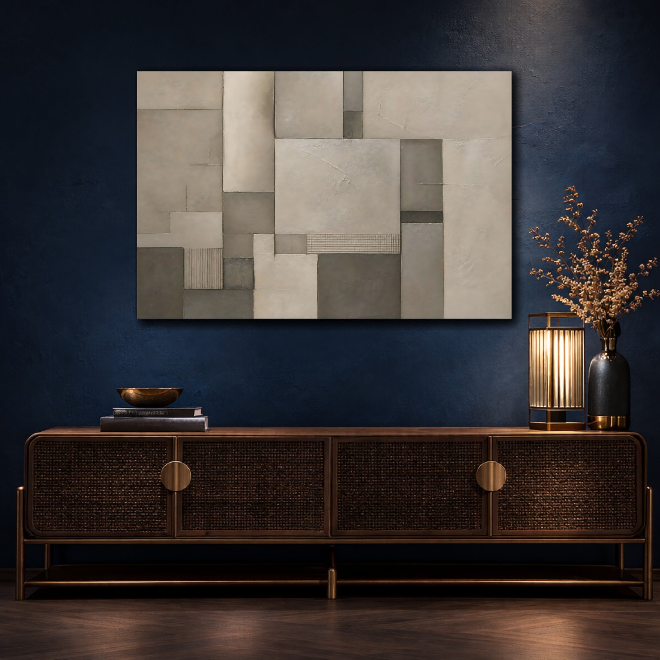 Mockup 4. Abstract Geometric Forms Brown And Grey shown as stretched canvas wall art
