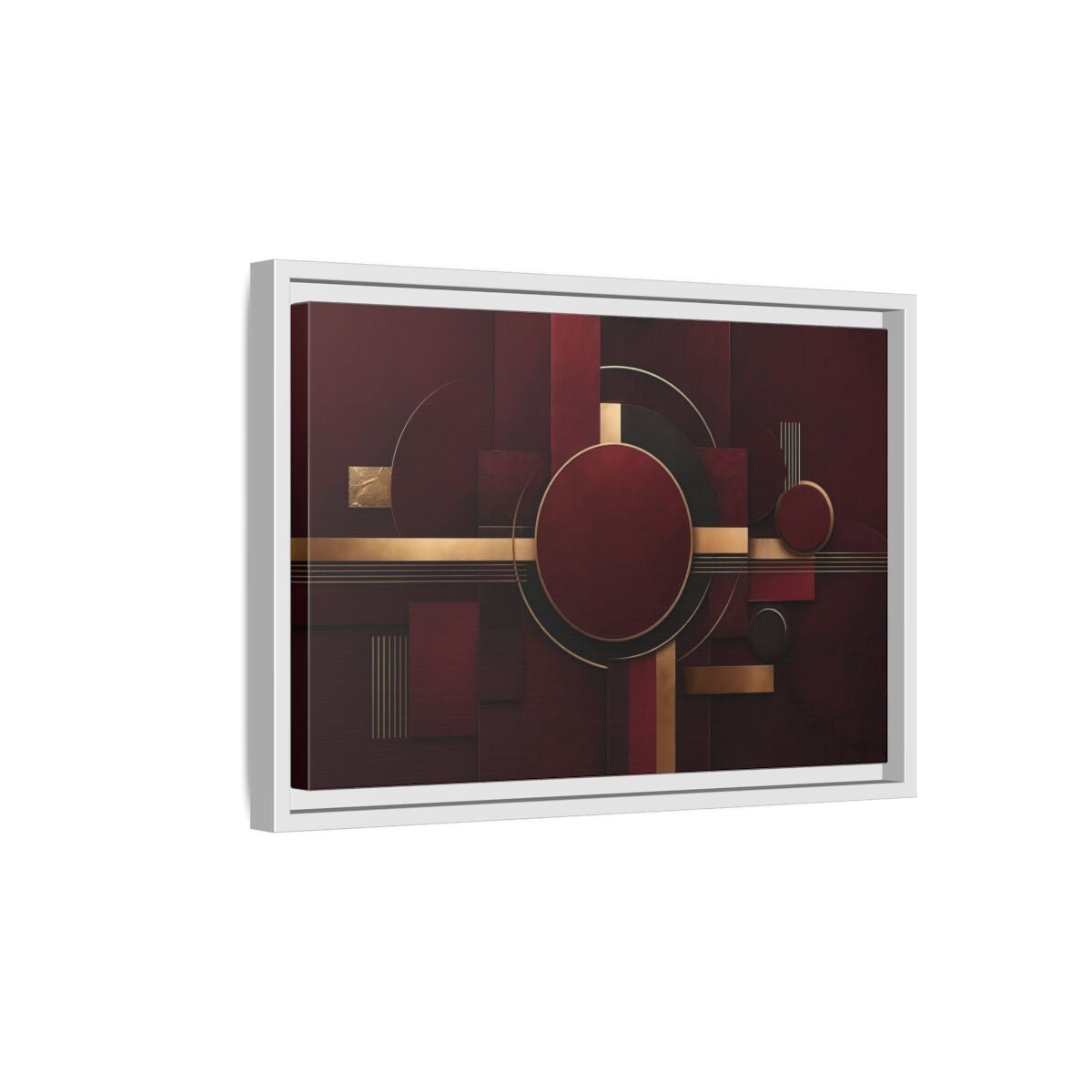 Side Mockup 4. Abstract Geometric Forms Burgundy Gold shown as stretched canvas wall art