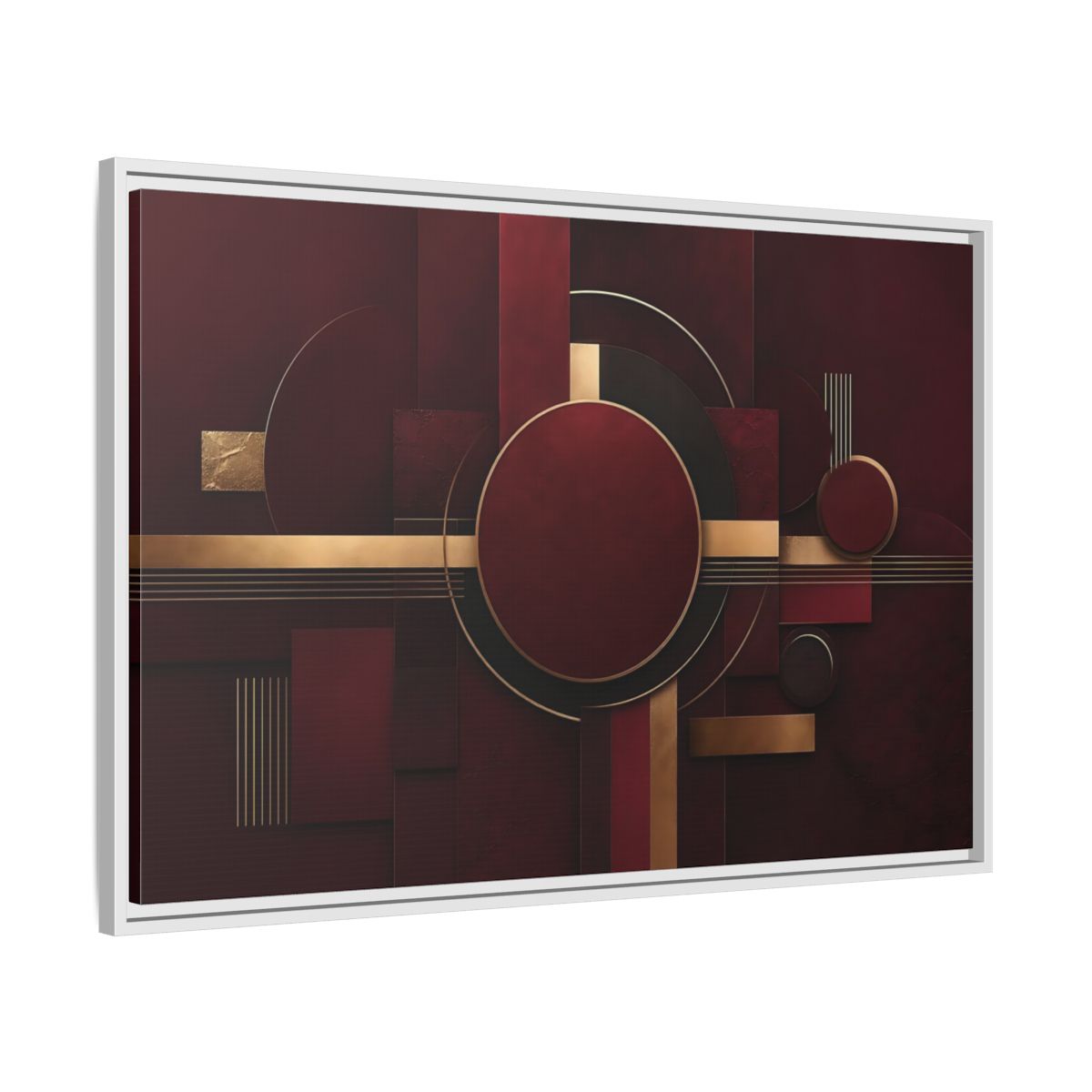Side Mockup 9. Abstract Geometric Forms Burgundy Gold shown as stretched canvas wall art
