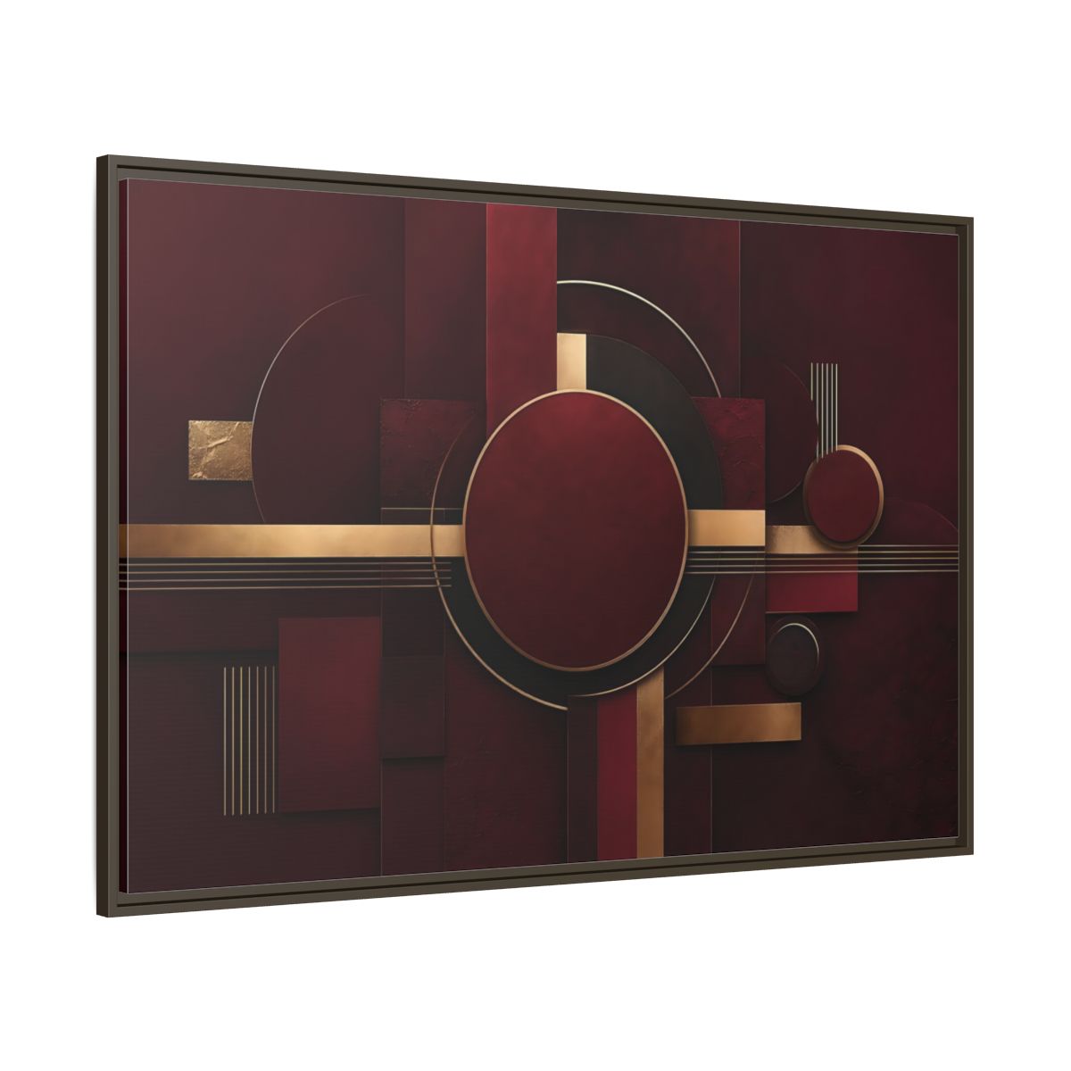 Side Mockup 8. Abstract Geometric Forms Burgundy Gold shown as stretched canvas wall art