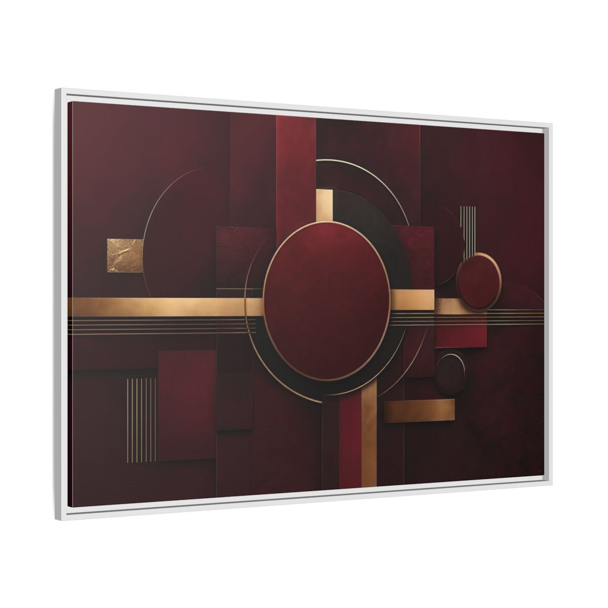 Side Mockup 7. Abstract Geometric Forms Burgundy Gold shown as stretched canvas wall art