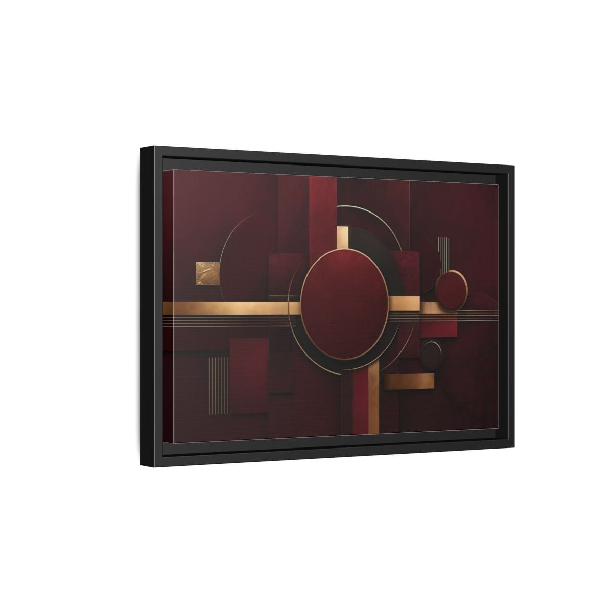 Side Mockup 6. Abstract Geometric Forms Burgundy Gold shown as stretched canvas wall art