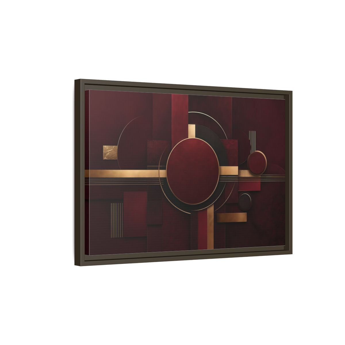 Side Mockup 2. Abstract Geometric Forms Burgundy Gold shown as stretched canvas wall art