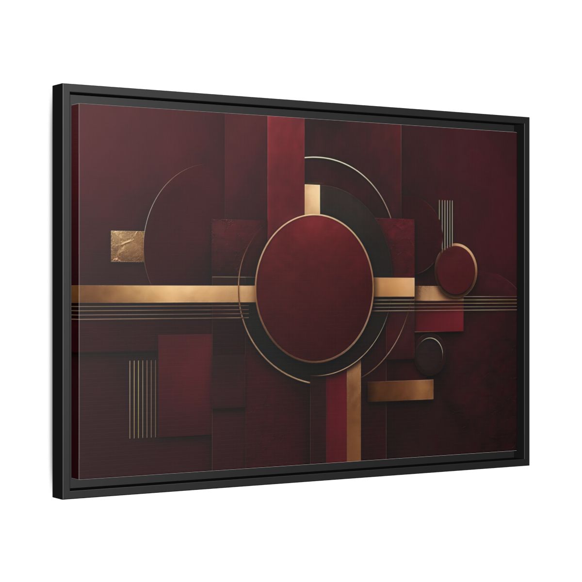 Side Mockup 14. Abstract Geometric Forms Burgundy Gold shown as stretched canvas wall art