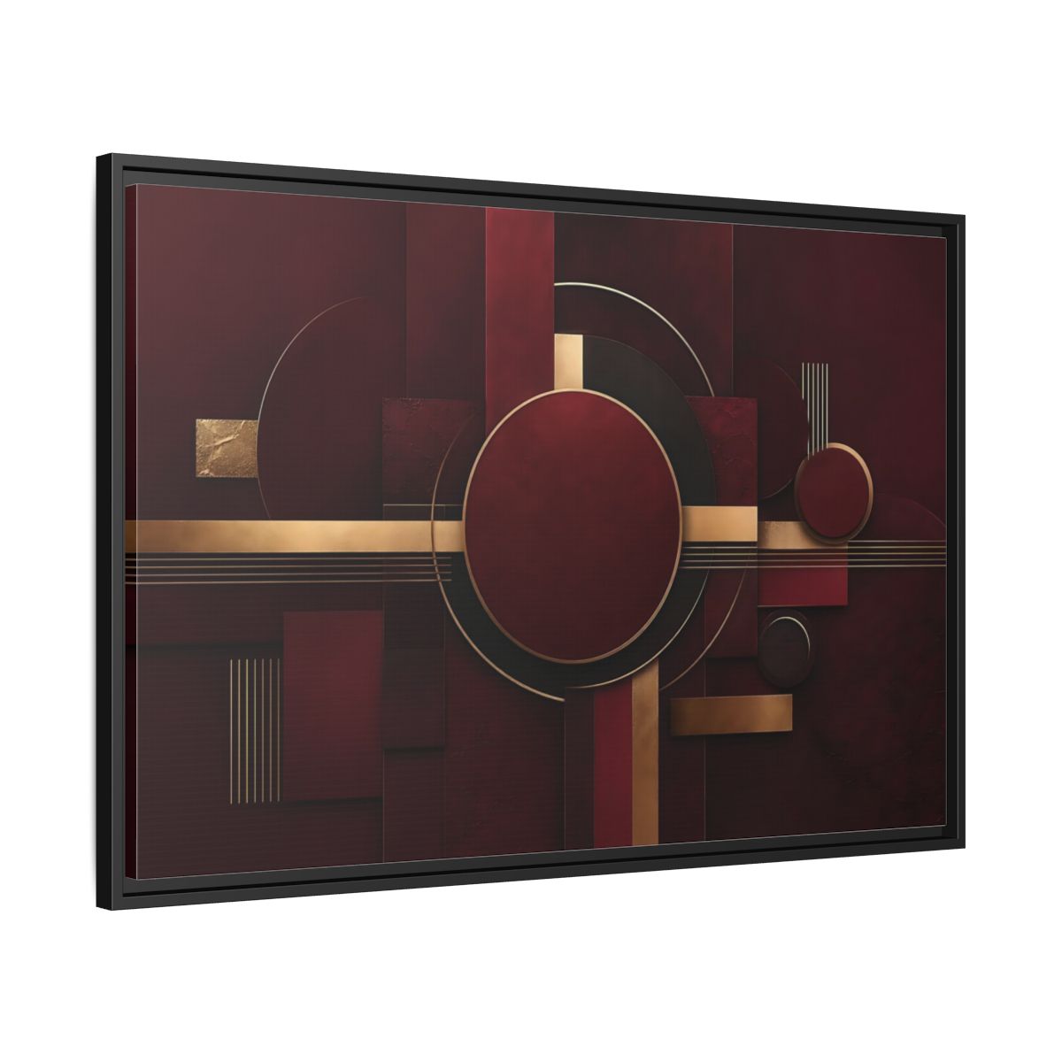 Side Mockup 13. Abstract Geometric Forms Burgundy Gold shown as stretched canvas wall art