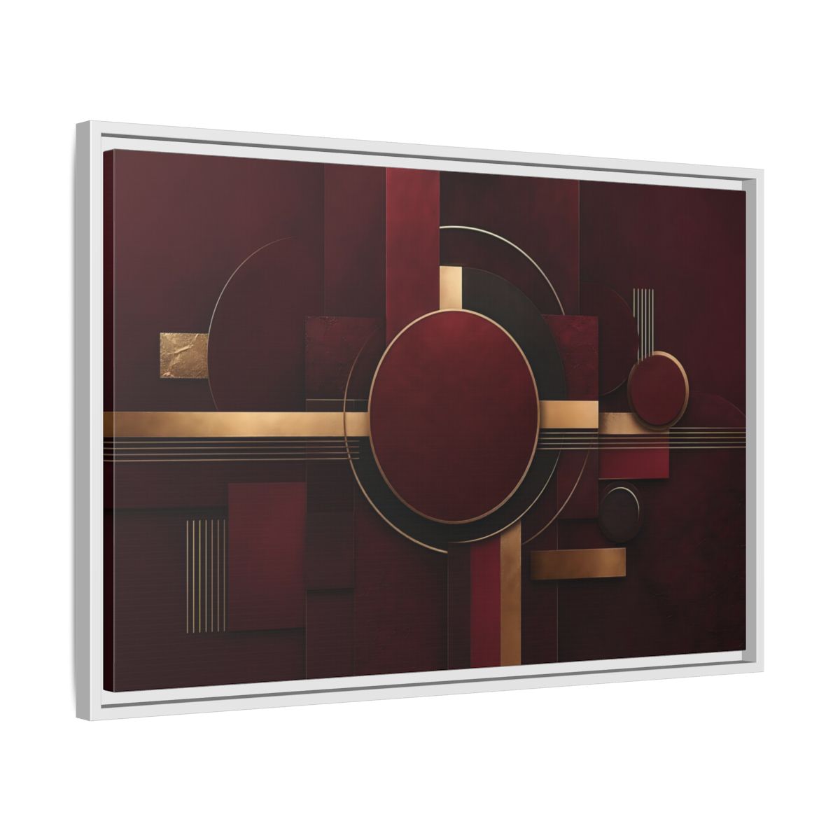 Side Mockup 10. Abstract Geometric Forms Burgundy Gold shown as stretched canvas wall art