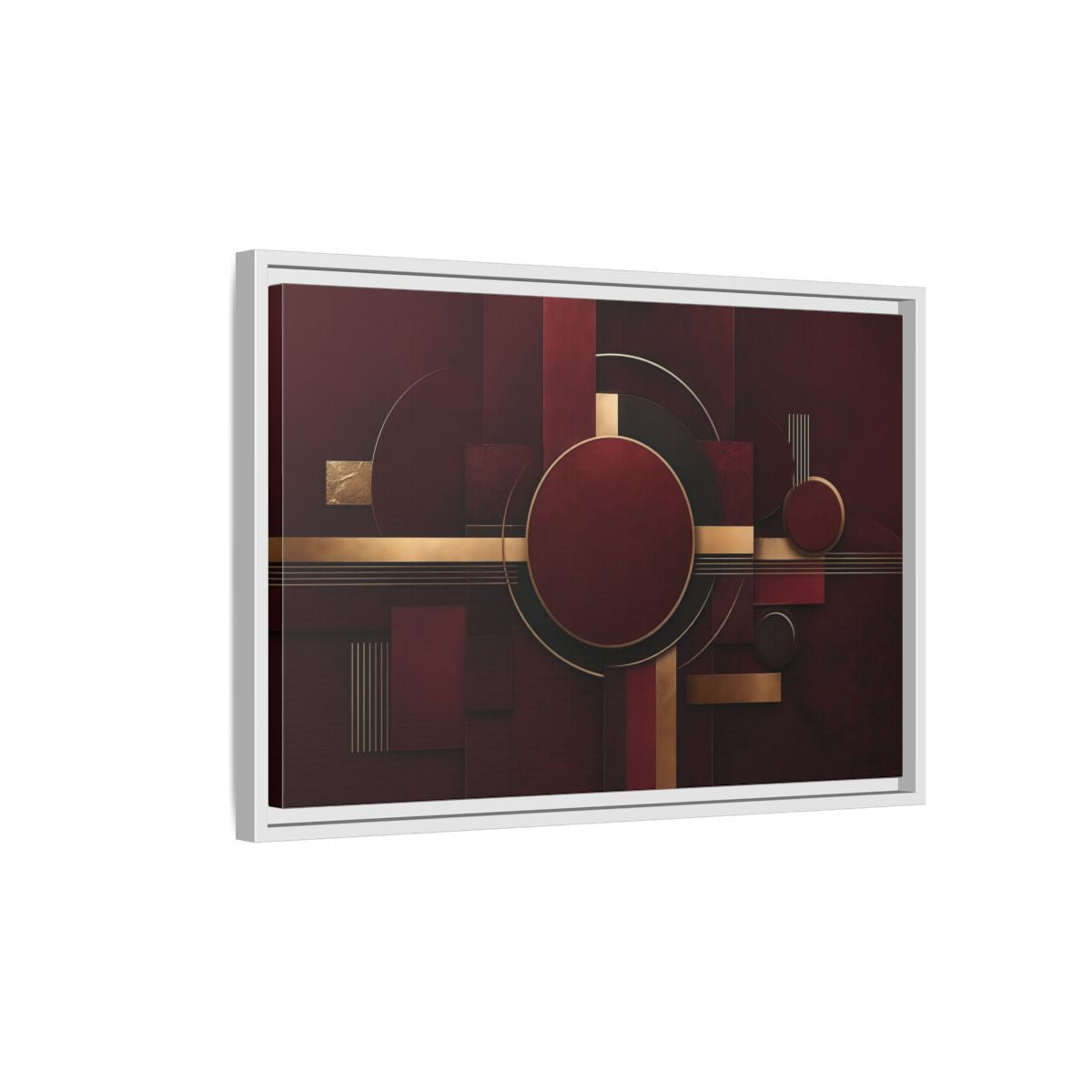 Side Mockup 1. Abstract Geometric Forms Burgundy Gold shown as stretched canvas wall art