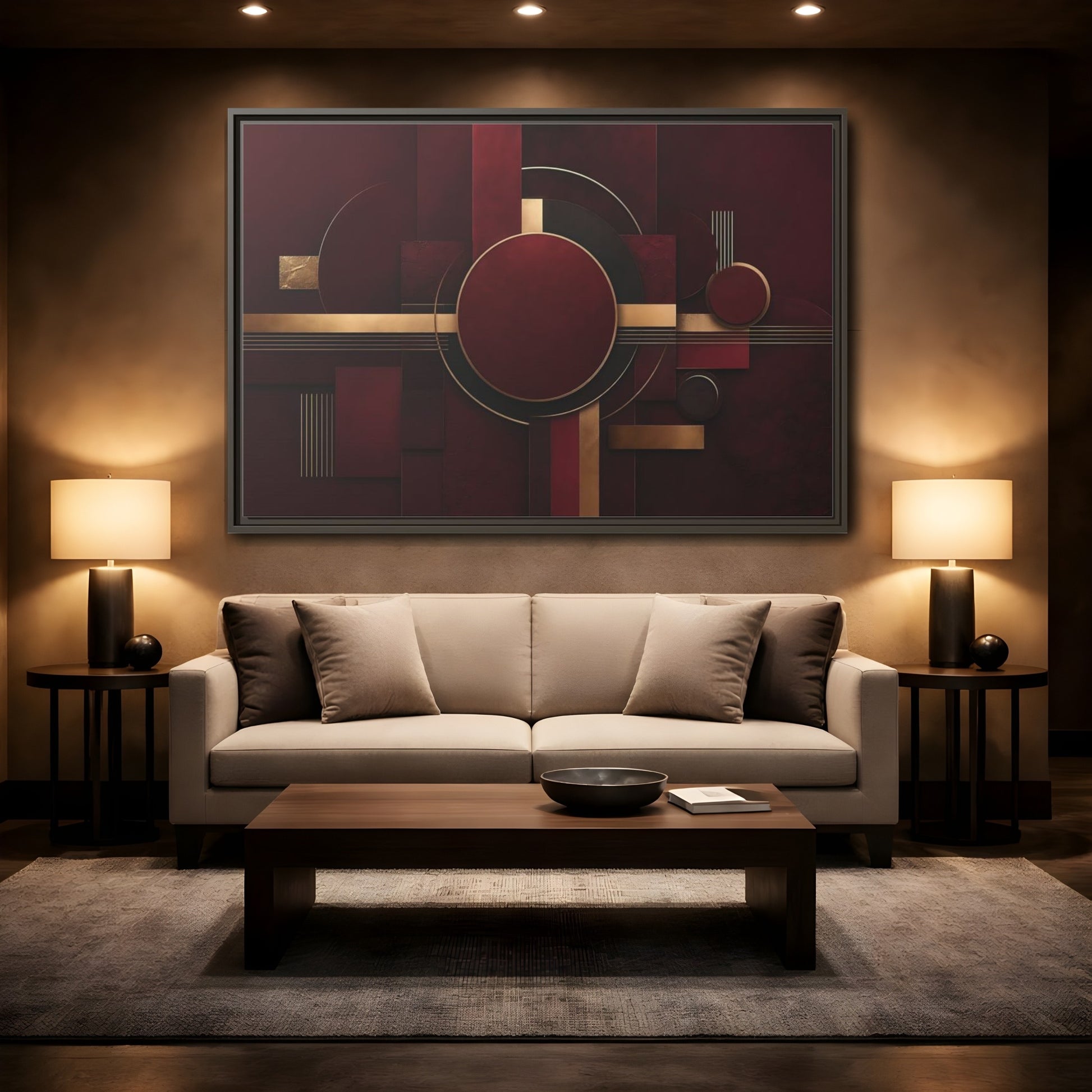 Mockup 2. Abstract Geometric Forms Burgundy Gold shown as stretched canvas wall art