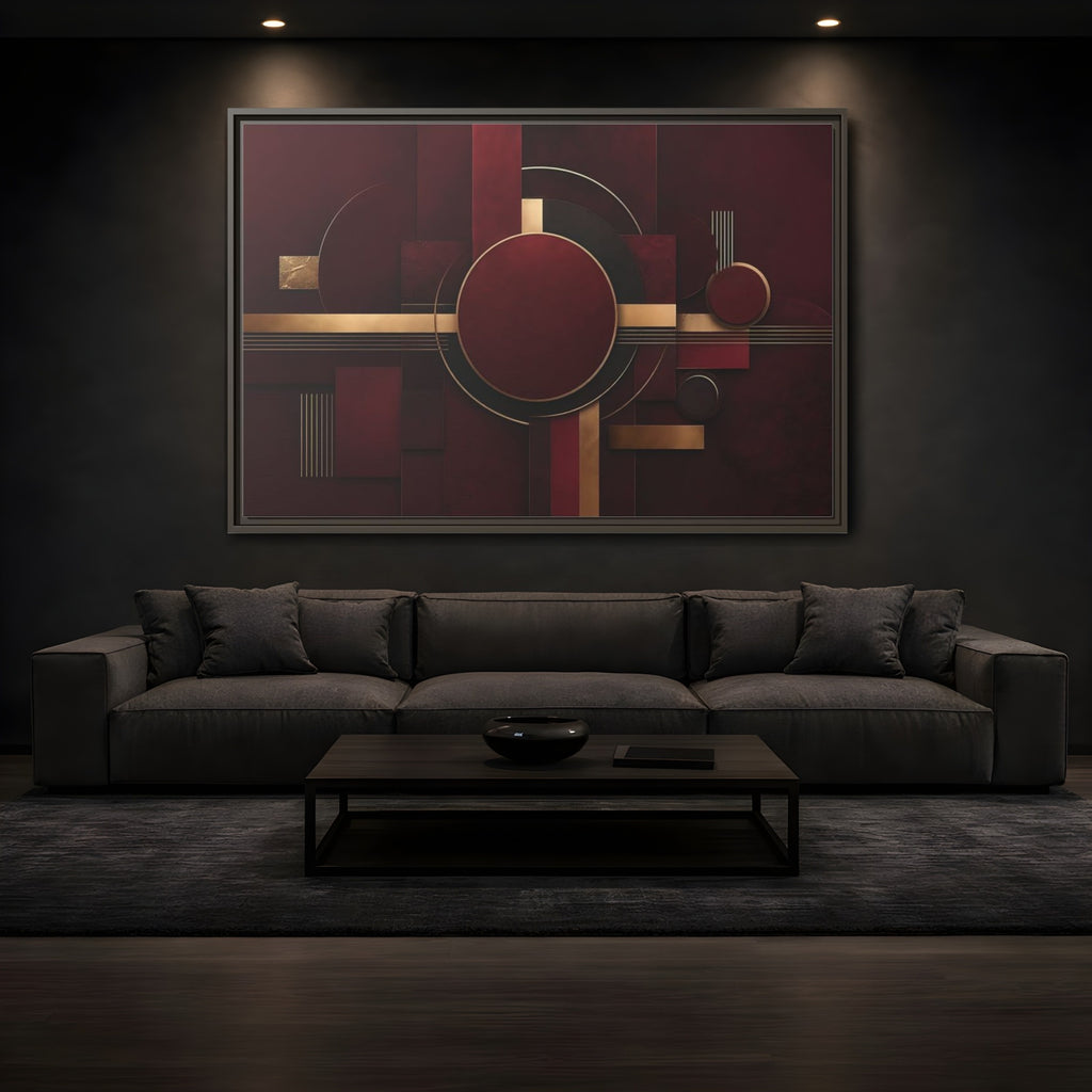 Mockup 3. Abstract Geometric Forms Burgundy Gold shown as stretched canvas wall art