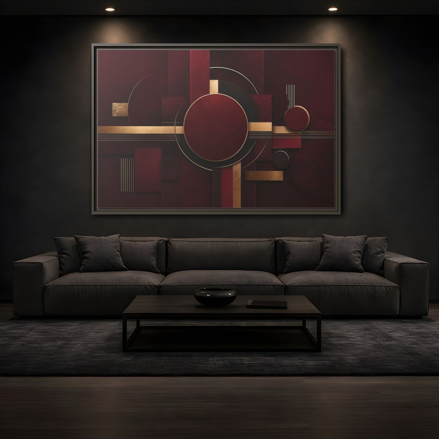 Mockup 3. Abstract Geometric Forms Burgundy Gold shown as stretched canvas wall art
