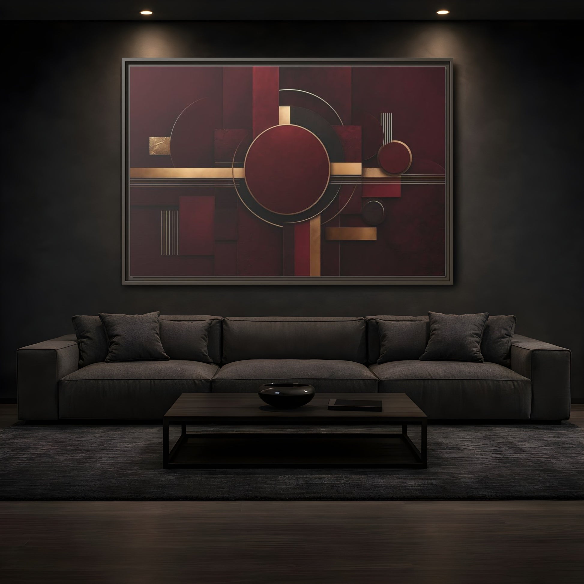 Mockup 3. Abstract Geometric Forms Burgundy Gold shown as stretched canvas wall art