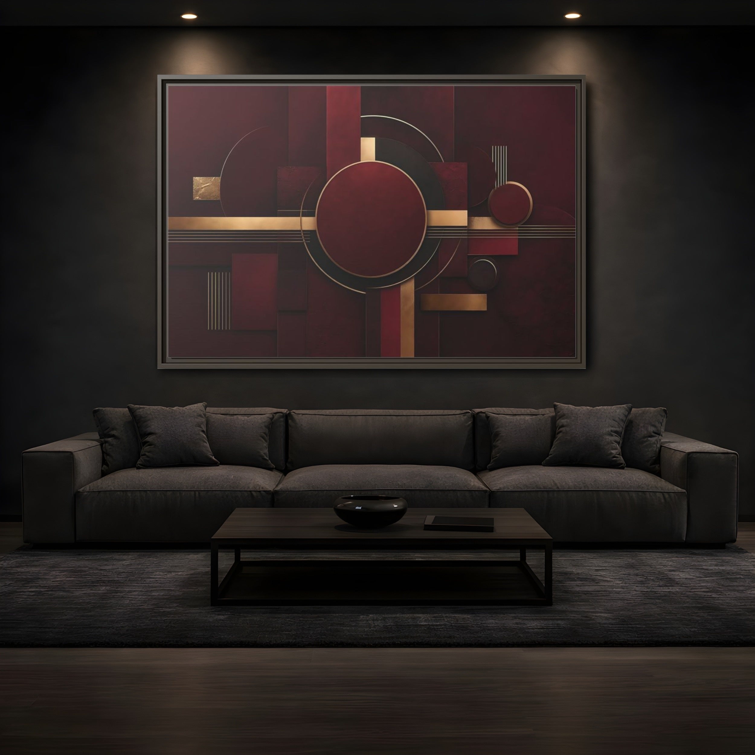 Mockup 3. Abstract Geometric Forms Burgundy Gold shown as stretched canvas wall art