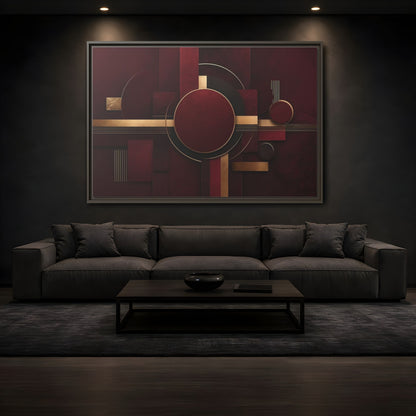 Mockup 3. Abstract Geometric Forms Burgundy Gold shown as stretched canvas wall art