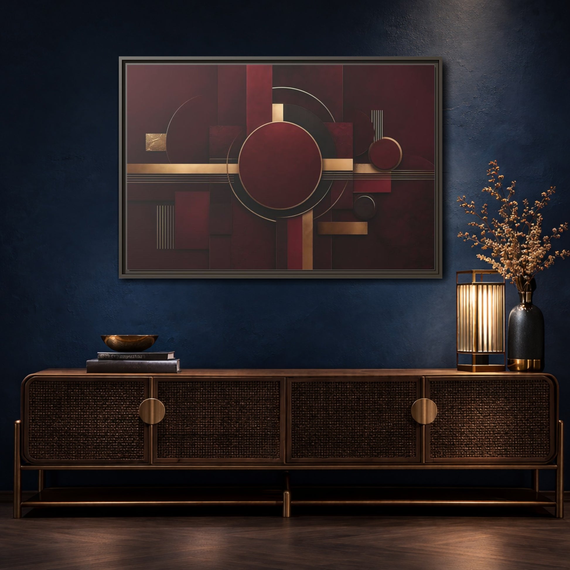 Mockup 4. Abstract Geometric Forms Burgundy Gold shown as stretched canvas wall art