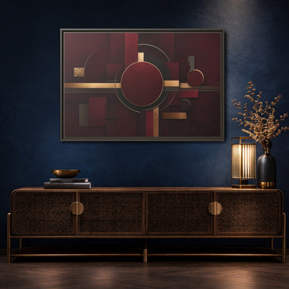 Mockup 4. Abstract Geometric Forms Burgundy Gold shown as stretched canvas wall art