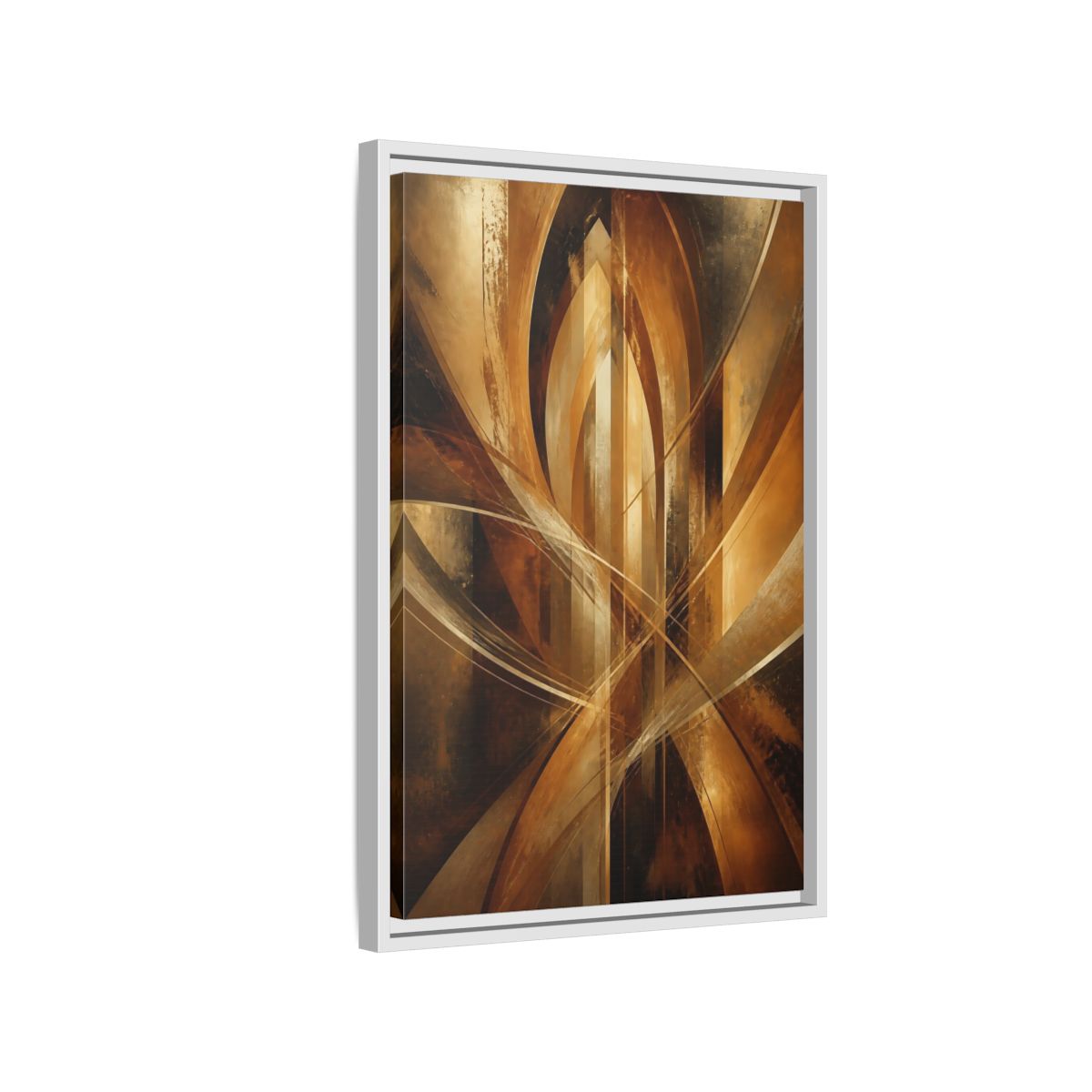 Side Mockup 1. Abstract Geometric Abstract Gold And Brown Abstract shown as stretched canvas wall art